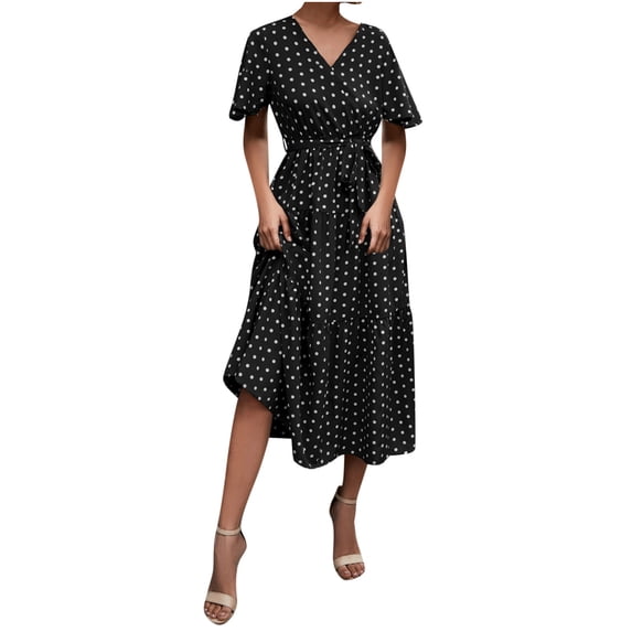 Boho Dresses for Women Polka Dot Short Sleeve Wrap V Neck Midi Dress Casual Summer A Line Flowy Beach Sundress with Belt