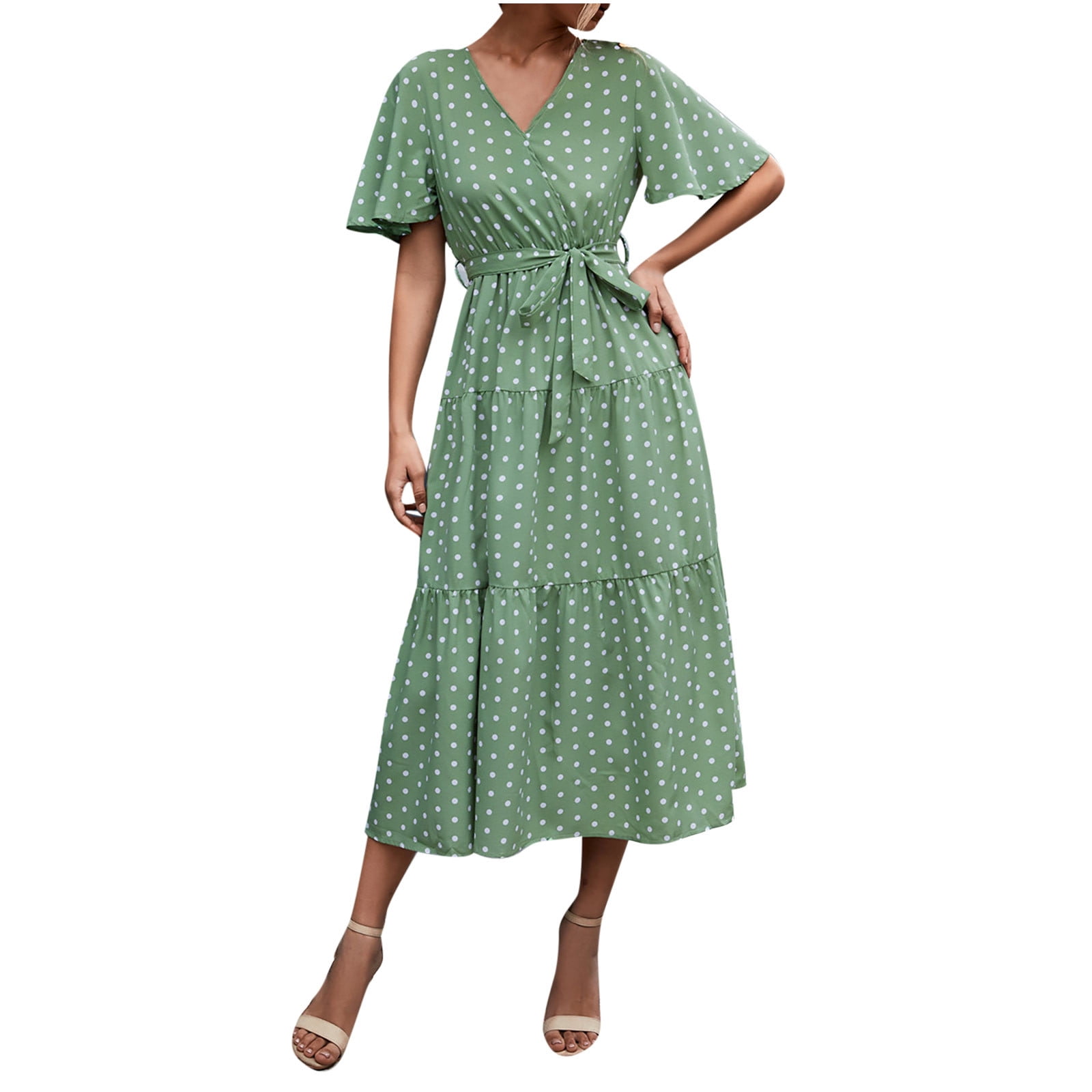Boho Dresses for Women Polka Dot Short Sleeve Wrap V Neck Midi Dress ...