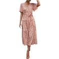 thumbnail image 1 of Boho Dresses for Women Polka Dot Short Sleeve Wrap V Neck Midi Dress Casual Summer A Line Flowy Beach Sundress with Belt, 1 of 5