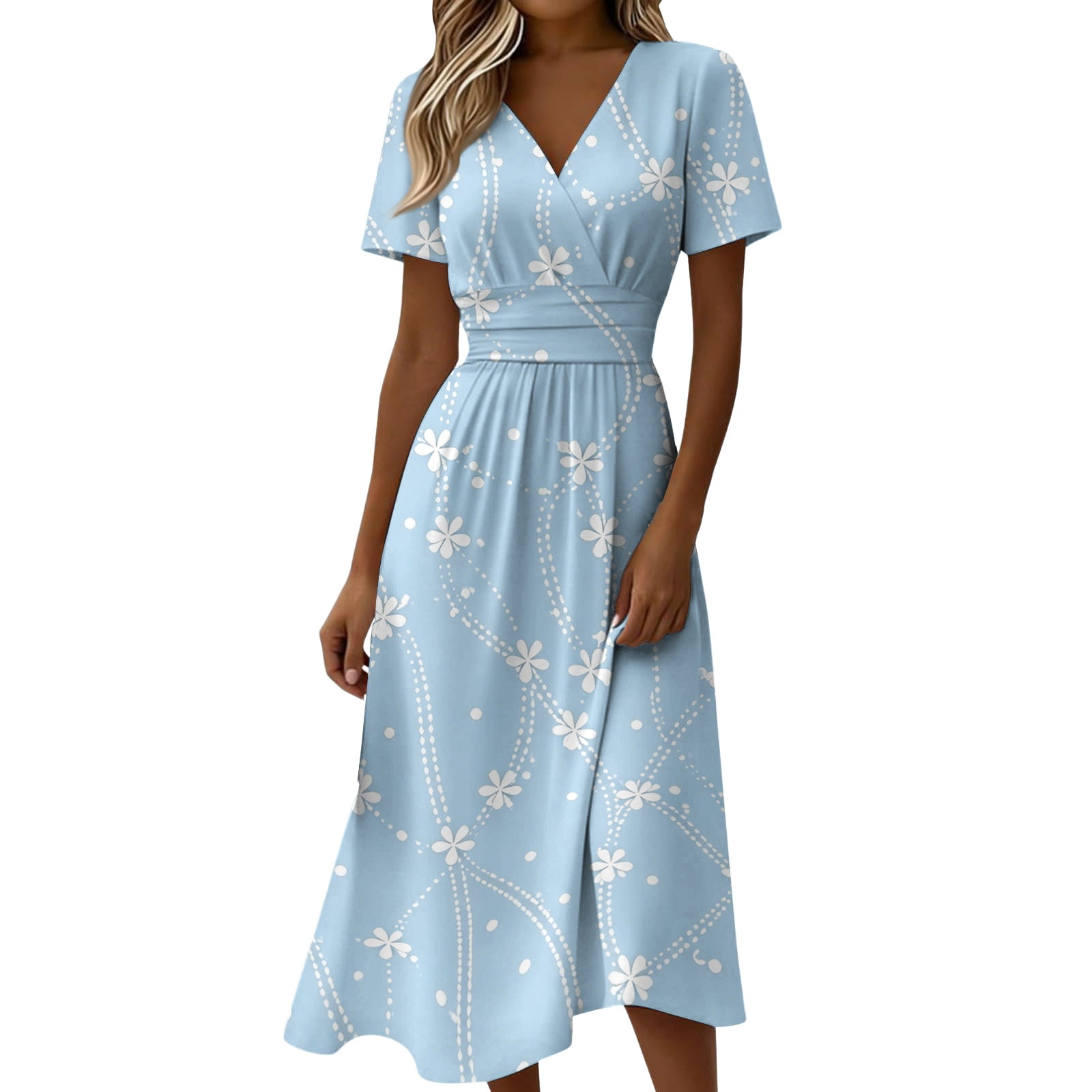 SAATLERI Boho Dresses for Women Short Sleeve Crossover Wrap V Neck Summer Dress Casual Loose A-Line Knee Length Swing Dress, Women's, Size: XL