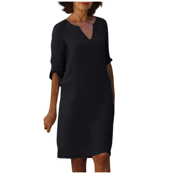 Boho Dresses for Women V-Neck 3/4 Sleeve Linen Shift Dress Loose Knee Length Casual Summer Tunic Dress Black 3XL