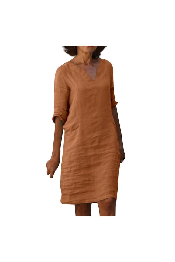 Boho Dresses for Women V-Neck 3/4 Sleeve Linen Shift Dress Loose Knee Length Casual Summer Tunic Dress Brown XL
