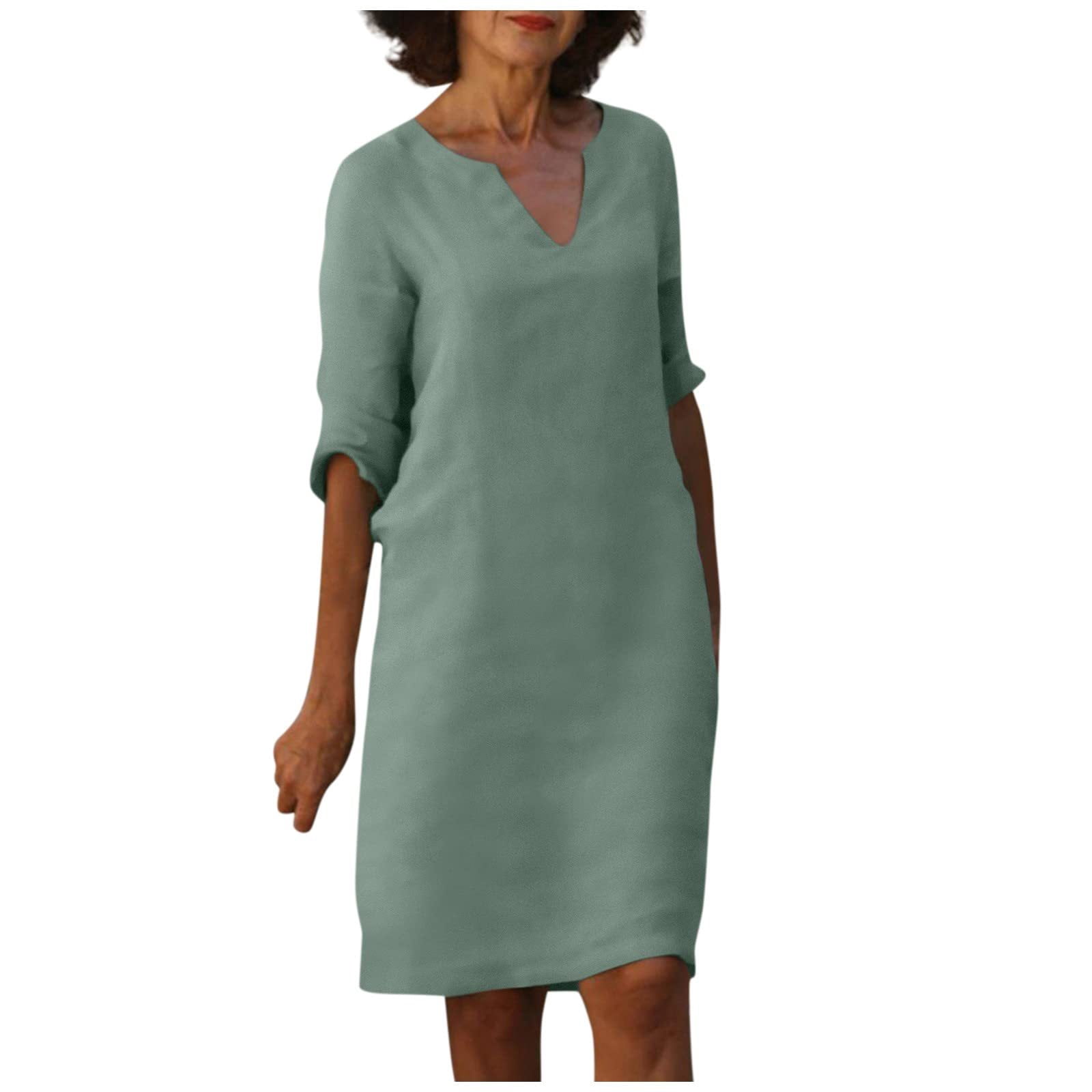 knee length green shift dress Boho Dresses for Women V-Neck 3/4 Sleeve Linen Loose Casual Summer Tunic Dress Army XL sleeveless shift dress