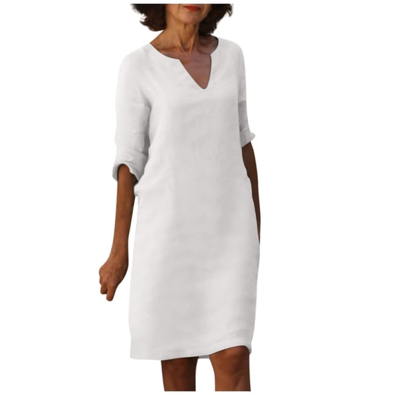 Boho Dresses for Women V-Neck 3/4 Sleeve Linen Shift Dress Loose Knee Length Casual Summer Tunic Dress White L