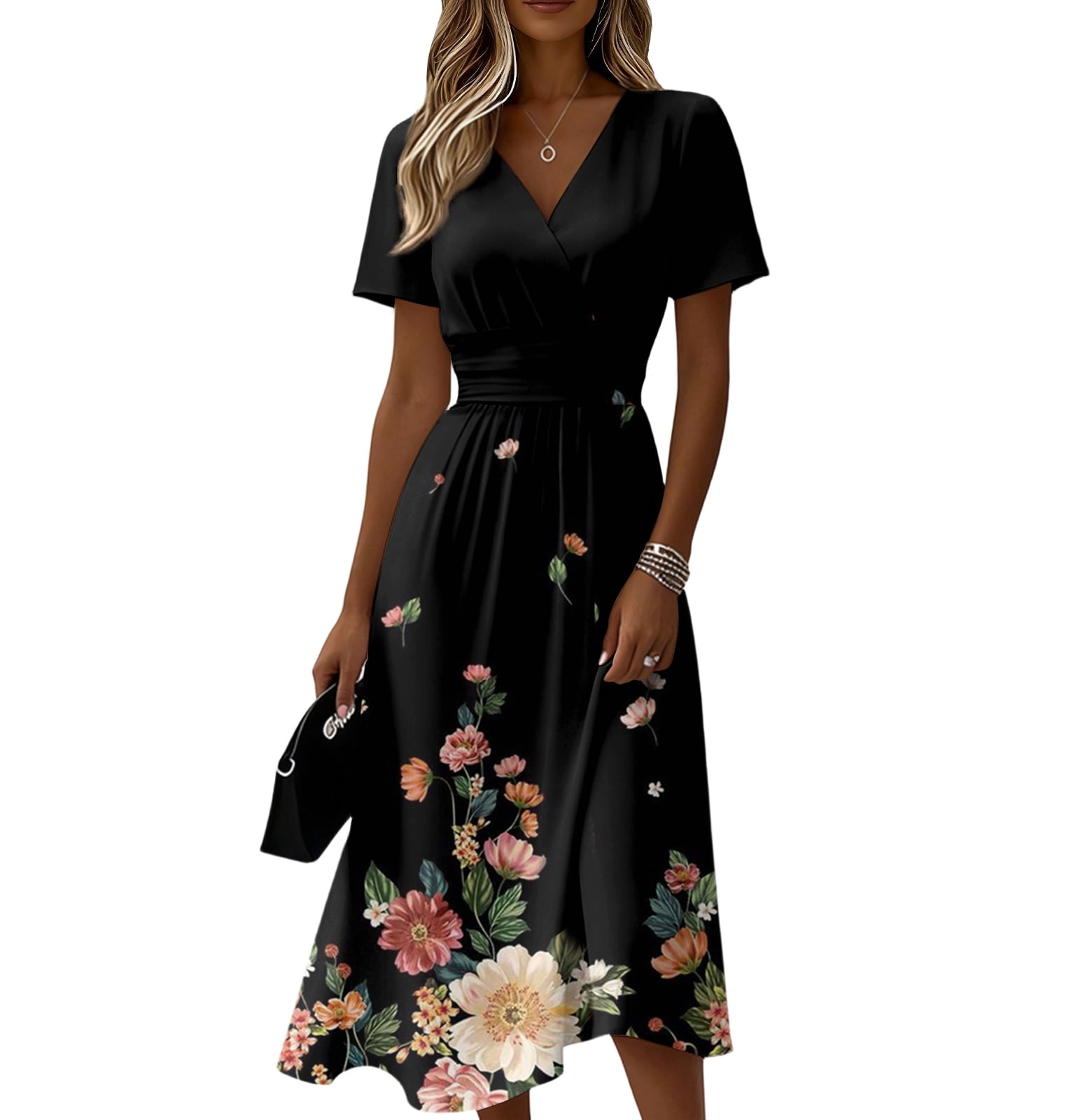 Boho Dresses for Women V-Neck Short Sleeve Floral Print Midi Dress A ...