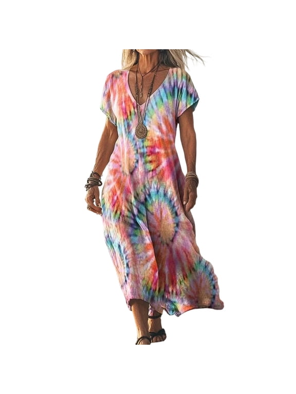 Boho Dresses for Women V-Neck Short Sleeve Tie-Dye Print Maxi Dress Loose Flowy Bohemian Casual Dress Light pink 2XL