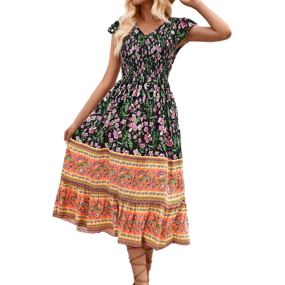 Boho Dresses for Women, Women's Summer Casual Dress Floral Print V Neck Waist Dress Casual Dress Outfits for Women