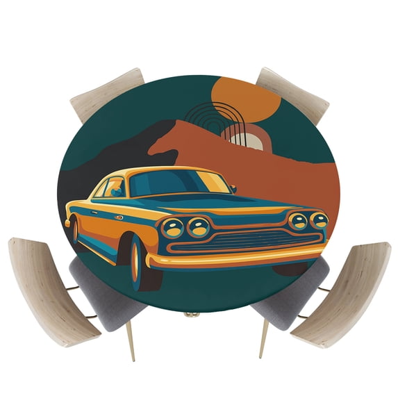 Boho Driving Car and Mountain Fitted Round Tablecloths Elastic Edged Table Covers 36"-44",Abstract Arch Sun Waterproof Dining Room Table Cloth for Kitchen Holiday Party Tables Decor