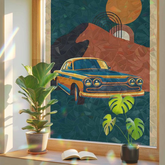 Boho Driving Car and Mountain Window Privacy Film, Rainbow Film Decorative Window Sticker 17.7x39.3in, Abstract Arch Sun Sun Blocking Static Stained Glass Cling Tint Non-Adhesive