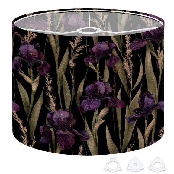 Boho Drum Lampshades 13"x13"x10" Dark Purple Iris Flowers Green Leaves Black Light Shade for Table Lamps Floor Lamp Shades Replacement Assembly Required