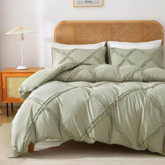 Boho Duvet Cover Mist Sage - Tufted Geometric Textured Queen Size Comforter Cover Set with Corner Ties & Zipper Closure