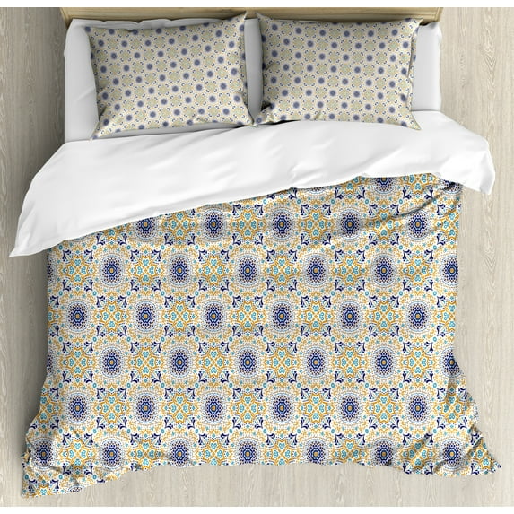 Boho Duvet Cover Set, Floral Medallion Small Detailed Ornament Repetition Themed Art, Decorative 3 Piece Bedding Set with 2 Pillow Shams, King Size, Dark Yellow Indigo, by Ambesonne