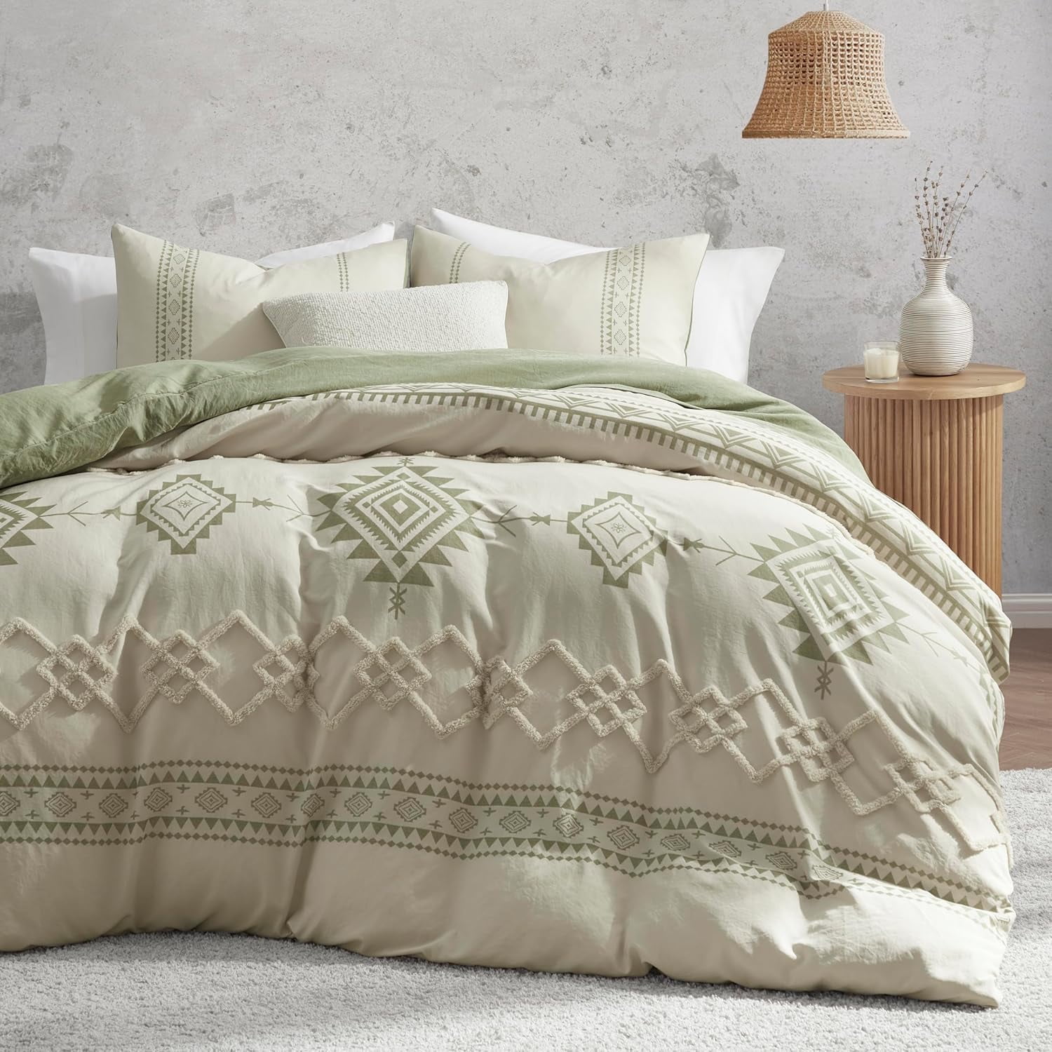 King Size Beige and Sage Green Boho Microfiber Duvet Cover Set