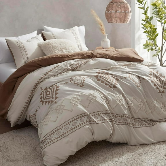 Boho Duvet Cover Set King Size, Beige and Terracotta Color Clash 3 Pieces Microfiber Bedding Set