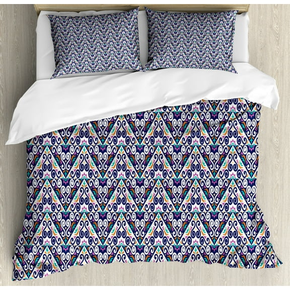 Boho Duvet Cover Set King Size, Colorful Abstract Folk Ornamental Triangles and Swirls Repetitive Illustration Print, Decorative 3 Piece Bedding Set with 2 Pillow Shams, Multicolor, by Ambesonne