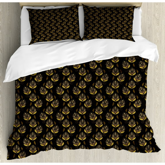 Boho Duvet Cover Set, Oriental Floral Forms Beauty Blooms Ornamental Leaf, Decorative 3 Piece Bedding Set with 2 Pillow Shams, Queen Size, Caramel Pale Coffee, by Ambesonne