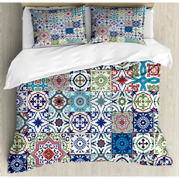 Boho Duvet Cover Set Queen Size, Colorful Traditional Asian Elements Floral Motifs on Checkered Squares Background, Decorative 3 Piece Bedding Set with 2 Pillow Shams, Multicolor, by Ambesonne