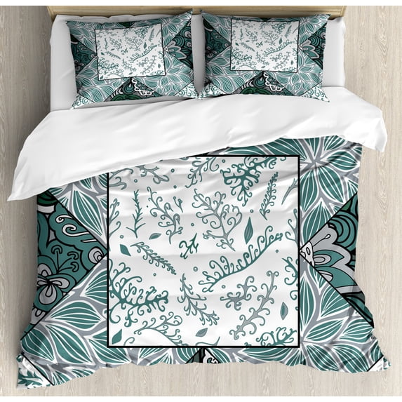 Boho Duvet Cover Set, Shabby Form Leaves in Mix Chevron Swirled Nature Branches Flower Print, Decorative 3 Piece Bedding Set with 2 Pillow Shams, Queen Size, Jade Green Grey White, by Ambesonne