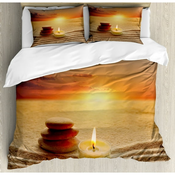 Boho Duvet Cover Set, Stack of Stones and Candle Yoga Horizon Backdrop Picture, Decorative 3 Piece Bedding Set with 2 Pillow Shams, Queen Size, Orange Sand Brown, by Ambesonne