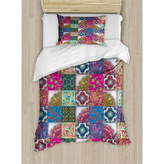 Boho Duvet Cover Set Twin Size, Colorful Middle Eastern Paisleys and Flower Motifs on Checkered Squares Illustration, Decorative 2 Piece Bedding Set with 1 Pillow Sham, Multicolor, by Ambesonne