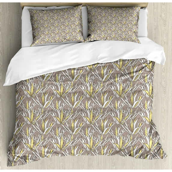 Boho Duvet Cover Set, Vintage Graphics of Long Branches or Leaves Repetitive Pattern, Decorative 3 Piece Bedding Set with 2 Pillow Shams, Queen Size, Warm Taupe Pastel Yellow, by Ambesonne