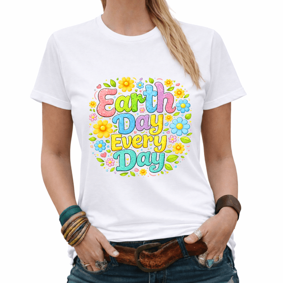 Boho Earth Day Every Day Oversized Floral Graphic Tees Womans Casual Tshirt Tops Black/White S-5XL