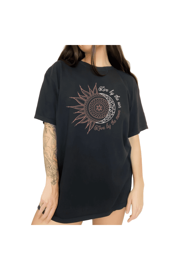 Boho Earthy Sun Moon Spiritual Art Short Sleeve T-Shirt Everyday Black Tops