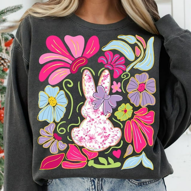 Boho Easter Bunny Sweatshirt, Floral Spring Rabbit Shirt, Girls Easter ...