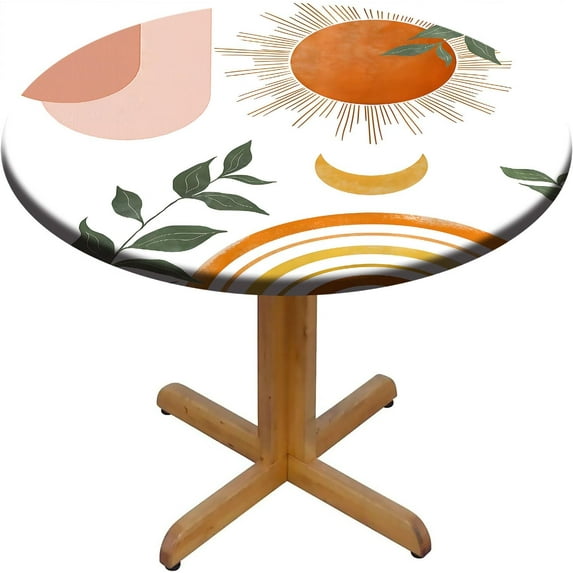 Boho Elastic Fitted Round Tablecloths, Geometric Sun Beige Bohemian Waterproof Wipe Clean Polyester Table Cloths, for Outdoor Patio Indoor Kitchen Dining Party, Fit to 52" Table