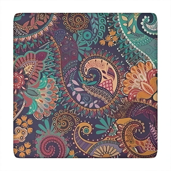 Boho Elastic Fitted Tablecloth - Square Table Cover with Snug Fit, Windproof & Wrinkle-Free - Floral Vintage Tribal Folk Style for Outdoor Picnic, Dining (34x34 Inches)