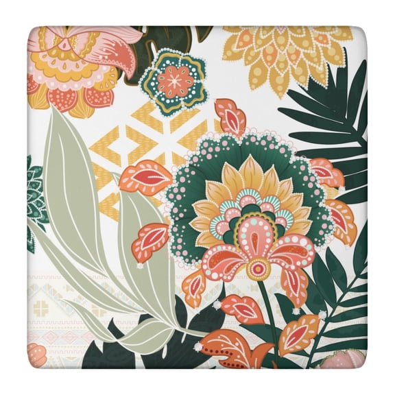 Boho Elastic Fitted Tablecloth - Square Table Cover with Snug Fit, Windproof & Wrinkle-Free - Floral Vintage Tribal Folk Style for Outdoor Picnic, Dining (36x36 Inches)