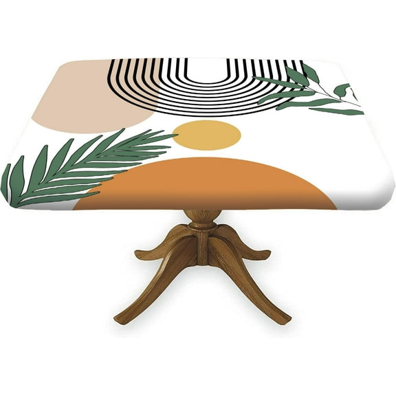 Boho Elastic Square Tablecloths, Arch Sun Beige Moon Fitted Table Cloth, Waterproof Wipeable Square Table Cover for Dining Kitchen Party Indoor Outdoor Patio Table 36x36 Inch