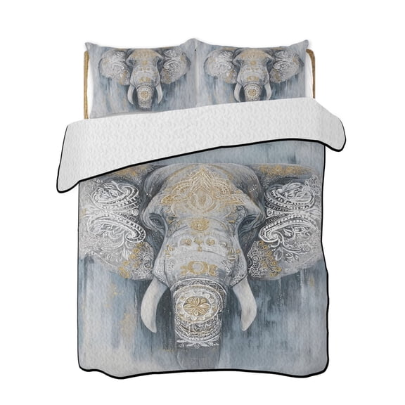Boho Elephant 3 Piece Quilt Bedding Set with 2 Pillow Shams, Floral Pattern Animal Abstract Lightweight Bedspread Coverlet, Soft Breathable All Season Quilt, 68 x 98 Inch