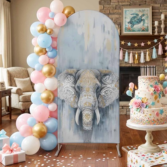 Boho Elephant Arch Backdrop Covers 6.6 FT, Floral Pattern Animal Abstract Stretchy Fitted Arched Stand Covers Party Arch Stand Cover Photo Booth for Wedding Birthday Decor