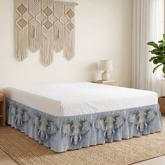 Boho Elephant Bed Skirt Bed Skirts Queen Size 16 Inch Drop, Floral Pattern Animal Abstract Wrap Around Dust Ruffle Bedskirt with Adjustable Elastic Belt for Queen Size Beds