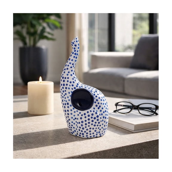 Hand Stamped Truk Up Elephant Figurine for Home Decor - Sculpture for Bathroom, Office, Living Room or Shelf - Boho Stoneware Ceramic Ornament with Dotted Design for Coffee Table - 8", Blue & White