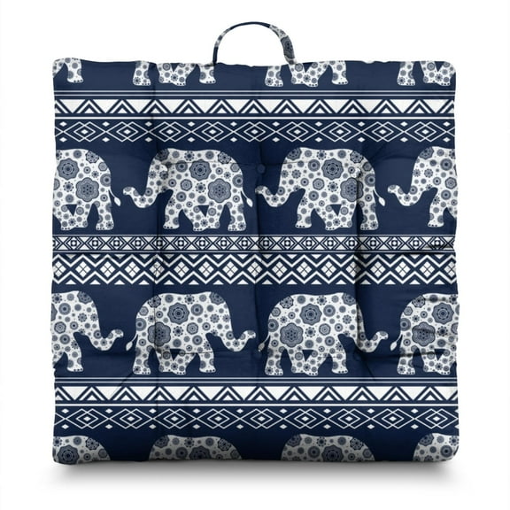 Boho Elephant Floor Cushion for Adults - Fluffy Oversized Square Meditation Pillow with Ethnic Print & Resilient Filling
