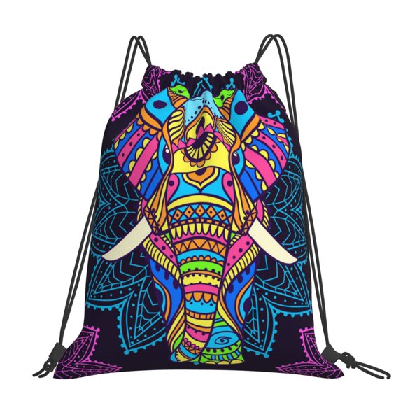 Boho Elephant Floral Psychedelic Large Drawstring Backpack Casual Cinch Sack Bag Backpack for Sports Hiking Travel Gym