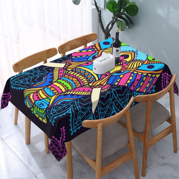 Boho Elephant Floral Psychedelic Rectangular Tablecloth 54"x 72" Waterproof Rectangle Table Cover Cloth for Kitchen Dining Room Picnic Home Party