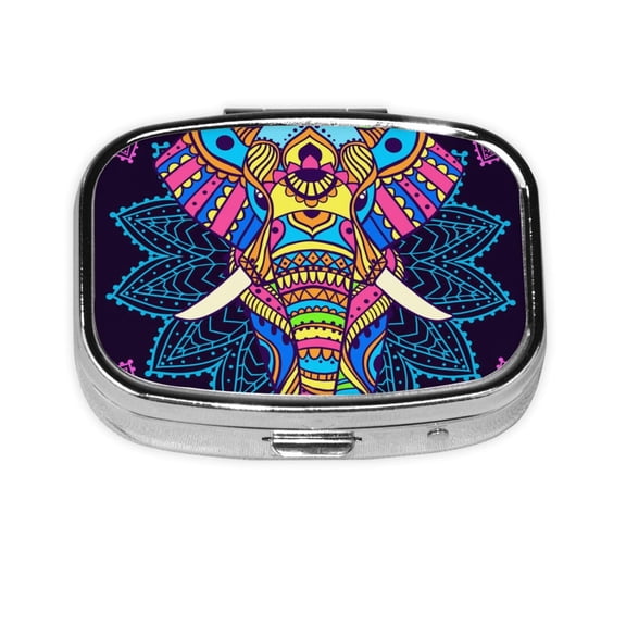 Boho Elephant Floral Psychedelic Square Pill Box 2 Compartment Pill Case Medicine Organizer Decorative Gift for Purse Pocket