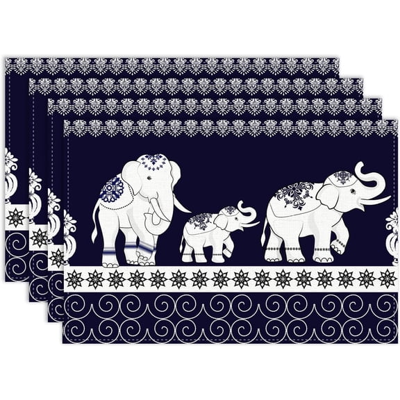 Boho Elephant Placemat Set of 4, 12x18 Inch Rustic African Tribal Traditional Animal Ethnic Rustic Blue Coffee Table Mats Home Outdoor Party Kitchen Dining Table Decoration