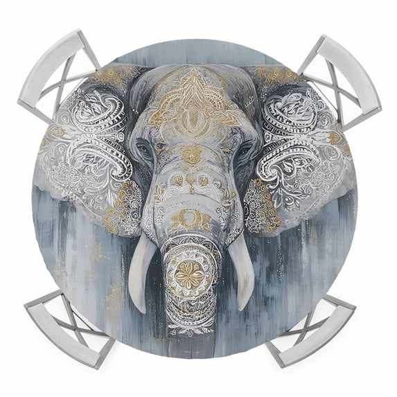 Boho Elephant Round Table Cover, Floral Pattern Animal Abstract Waterproof Fitted Tablecloths for 45"-54" Tables, Washable Picnic Table Cover for Camping Dining Indoor Outdoor