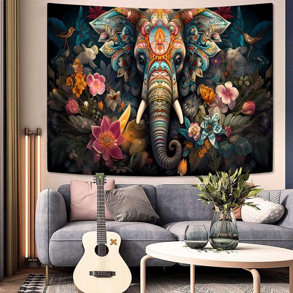 Boho Elephant Tapestry Psychedelic Hippie Wall Art Modern Aesthetic Trippy Golden Wall Hanging Large Size 60x40in for Bedroom Living Room Dorm