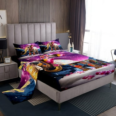 Boho Elephant Twin Bed Sheets for Adult Women 3D Animal Sheets Western Rustic Farmstyle Sheet Set Bohemian Elephant Fitted Sheet Purple Starry Sky Decor Flat Sheet