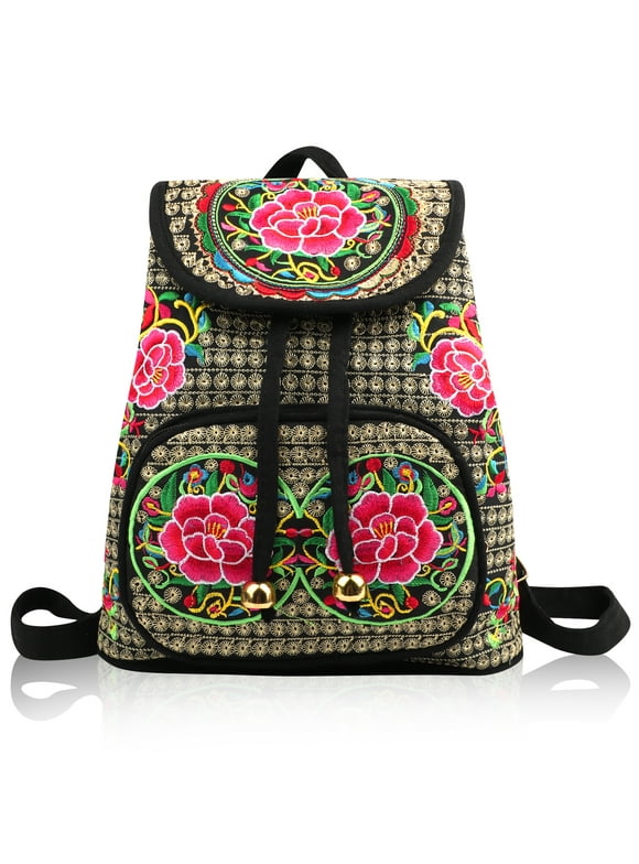 Boho Embroidered Backpack for Women, EEEkit Vintage Ethnic Drawstring Canvas Backpack, Travel Bag