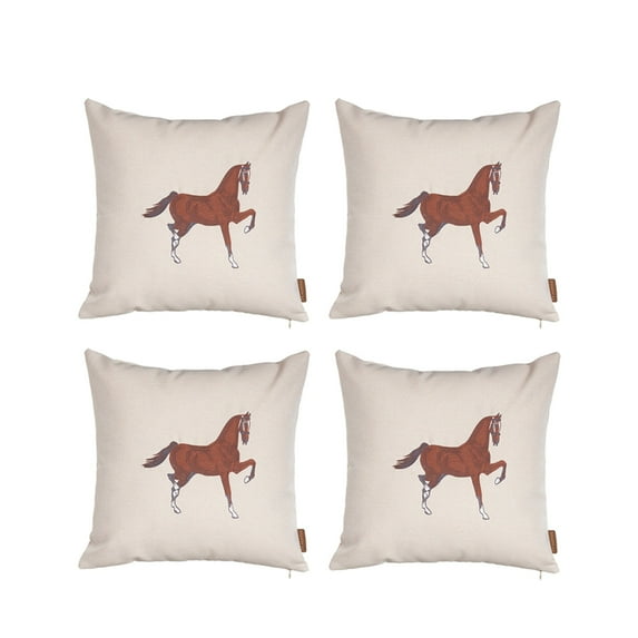 Boho Embroidered Horse Handmade Set of 4 Throw Pillow 18" x 18" Solid Beige & Brown Square for Couch, Bedding