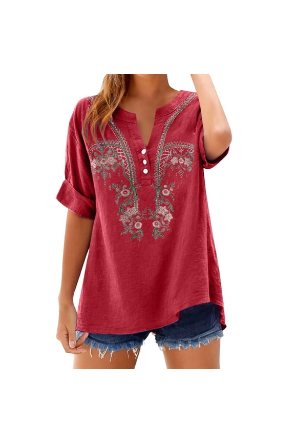 Boho Embroidered Tops for Women 3/4 Sleeve Length Peasant Shirts Plus Size Summer Dressy Casual Blouses 2026,XL