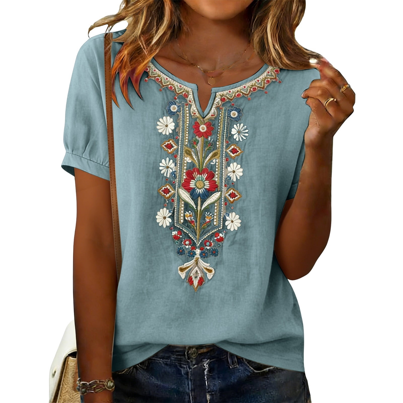 Boho Embroidered Tops for Women - Cotton Linen Shirts Short Sleeve V ...