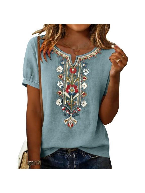 Boho Embroidered Tops for Women - Cotton Linen Shirts Short Sleeve V Neck Blouse Summer Casual Beach Vacation Clothes Blue 2XL