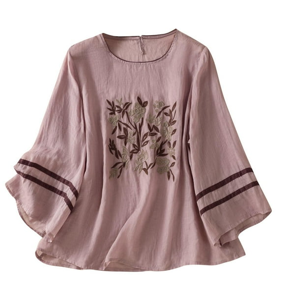 Boho Embroidered Tops for Women Long Sleeve Loose Fit Blouses Ethnic Peasant Shirts Casual Tunic